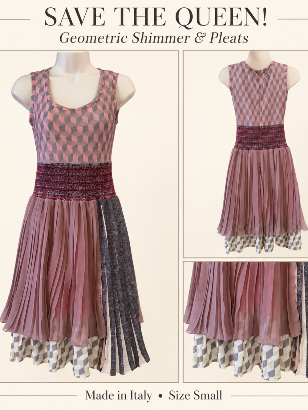 Save The Queen Dress Small Pink Geometric Metallic Pleated Mixed Media Italy